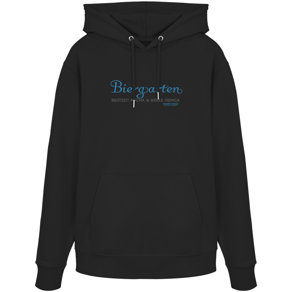 Schwarzer Unisex Hoodie mit blauem „Biergarten“-Frontprint – bayerische Streetwear von Grantler Gwand im minimalistischen Look.