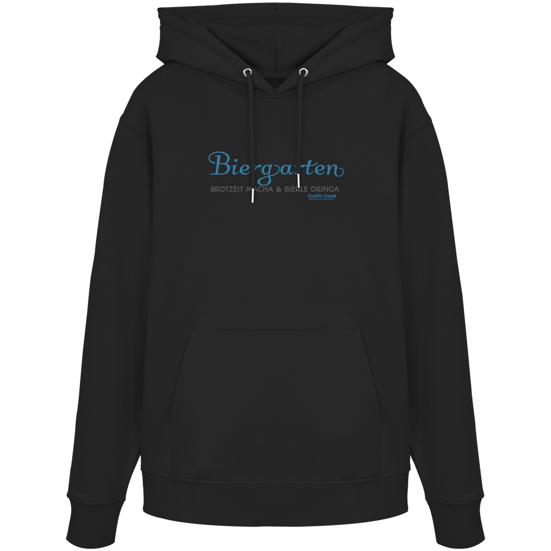 Schwarzer Unisex Hoodie mit blauem „Biergarten“-Frontprint – bayerische Streetwear von Grantler Gwand im minimalistischen Look.