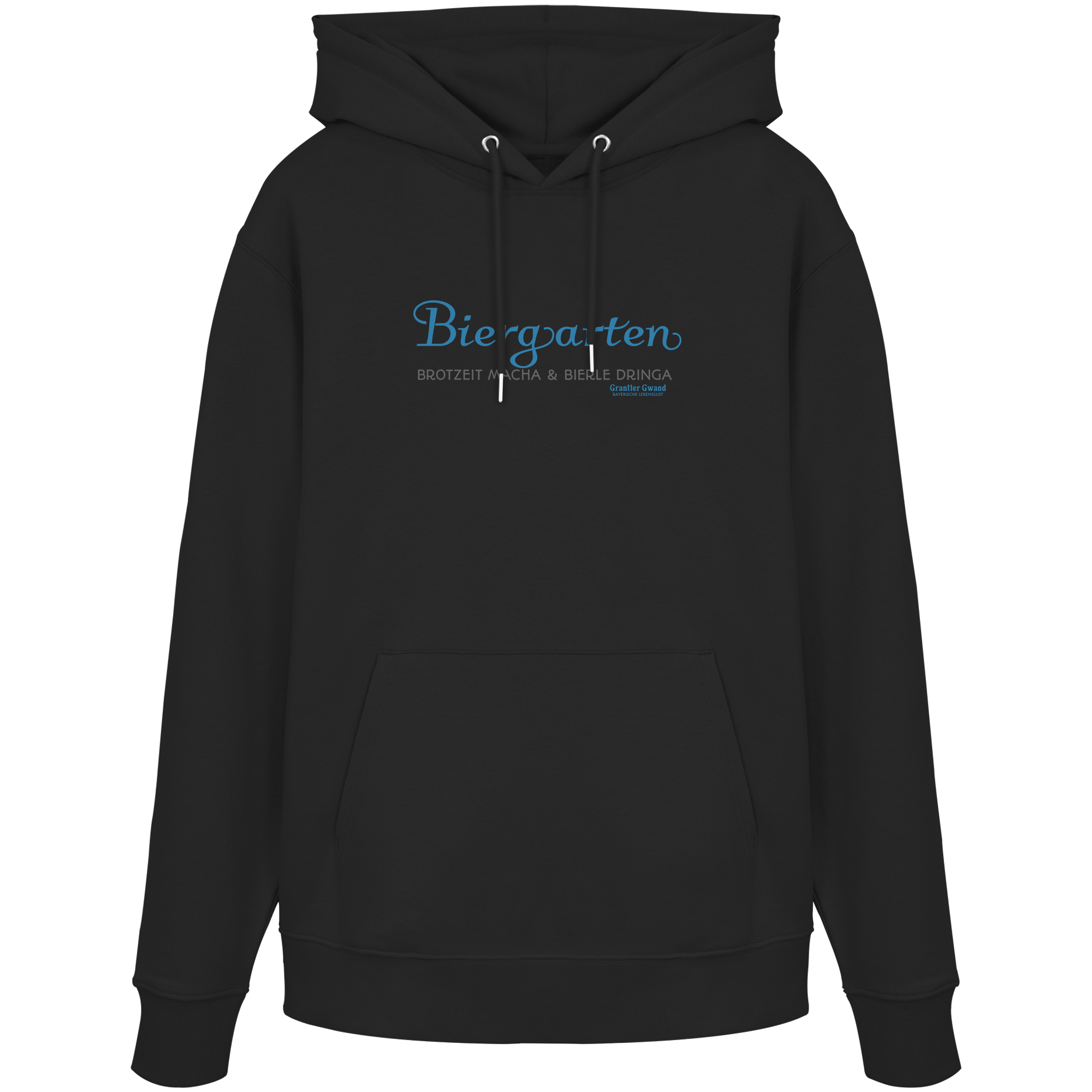 Schwarzer Unisex Hoodie mit blauem „Biergarten“-Frontprint – bayerische Streetwear von Grantler Gwand im minimalistischen Look.