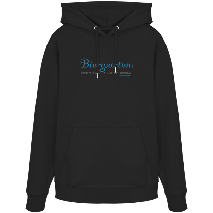 Schwarzer Unisex Hoodie mit blauem „Biergarten“-Frontprint – bayerische Streetwear von Grantler Gwand im minimalistischen Look.