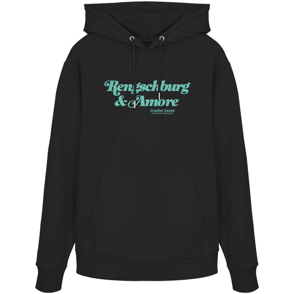 Schwarzer Unisex Hoodie von Grantler Gwand mit mintgrünem Frontprint „Regensburg & Amore“ im Retro-Schriftzug – bayerischer Streetwear Hoodie für Regensburg, Donau und Alltag.