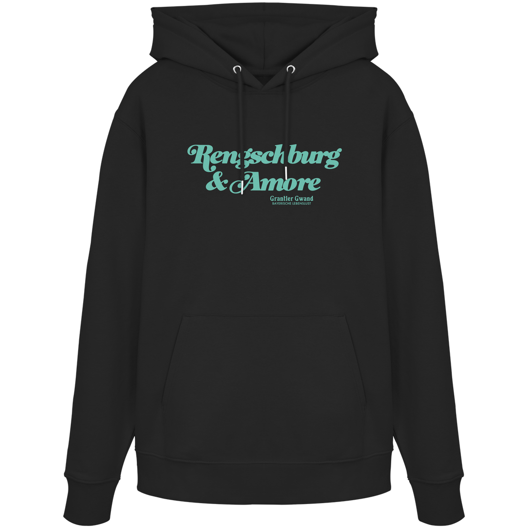 Schwarzer Unisex Hoodie von Grantler Gwand mit mintgrünem Frontprint „Regensburg &amp; Amore“ im Retro-Schriftzug – bayerischer Streetwear Hoodie für Regensburg, Donau und Alltag.