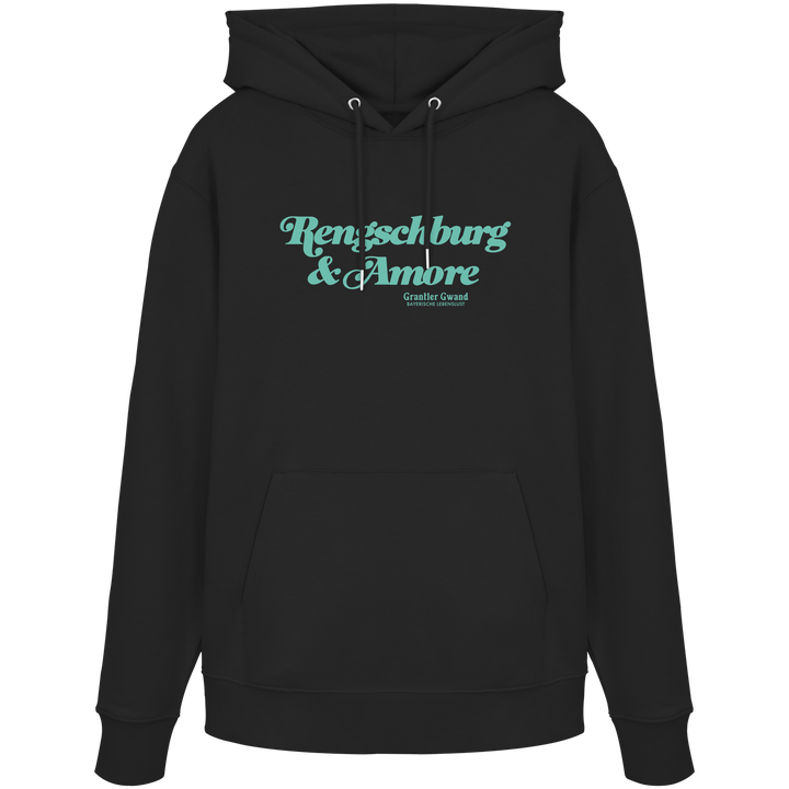 Schwarzer Unisex Hoodie von Grantler Gwand mit mintgrünem Frontprint „Regensburg &amp; Amore“ im Retro-Schriftzug – bayerischer Streetwear Hoodie für Regensburg, Donau und Alltag.