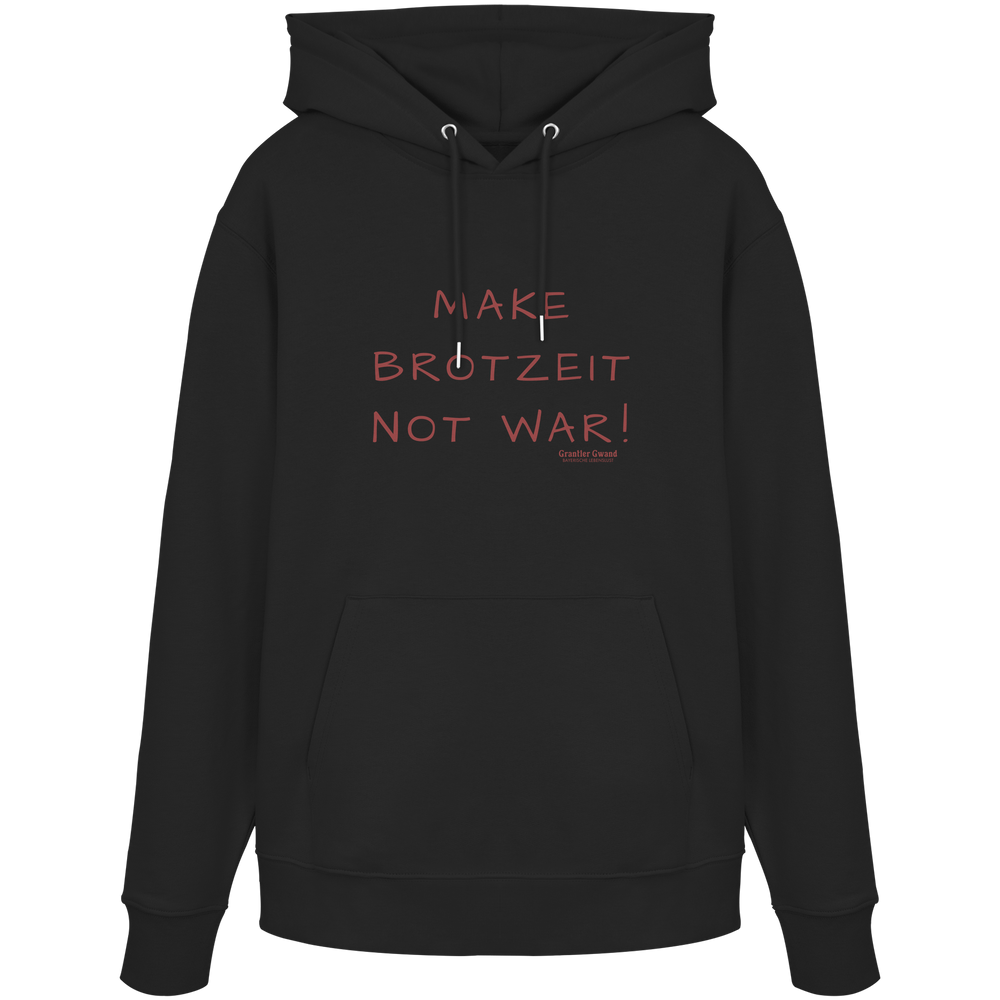 Schwarzer Hoodie mit dem Schriftzug „Make Brotzeit Not War“ auf der Vorderseite von Grantler Gwand.