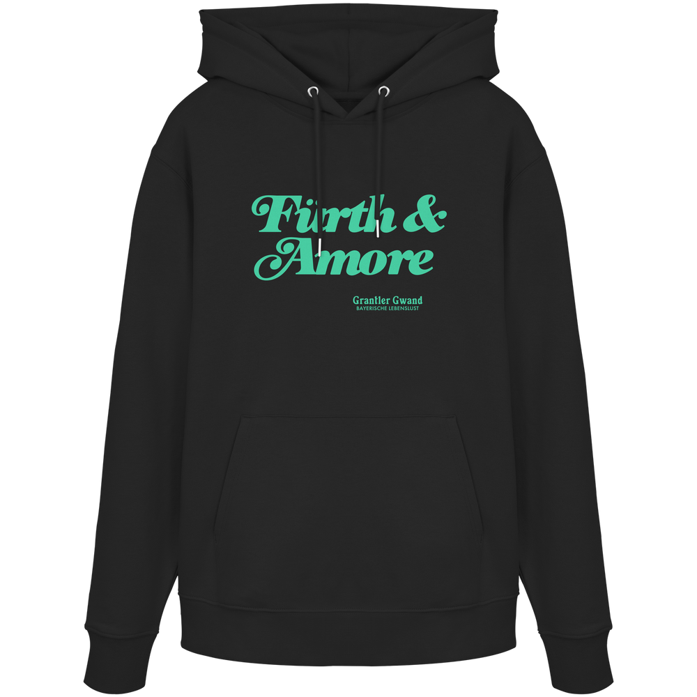 Schwarzer Unisex Hoodie mit grünem „Fürth & Amore“-Frontprint – bayerische Streetwear von Grantler Gwand im modernen, minimalistischen Look.