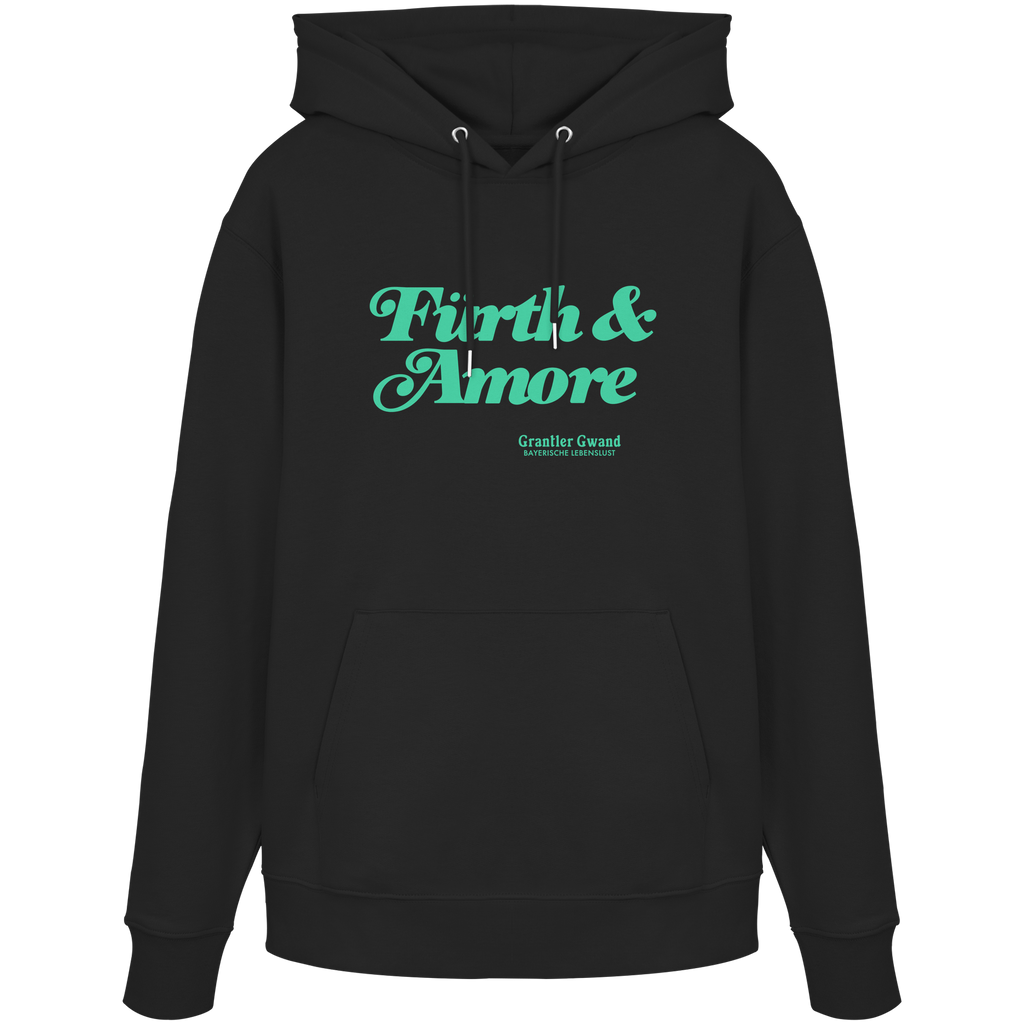 Schwarzer Unisex Hoodie mit grünem „Fürth & Amore“-Frontprint – bayerische Streetwear von Grantler Gwand im modernen, minimalistischen Look.