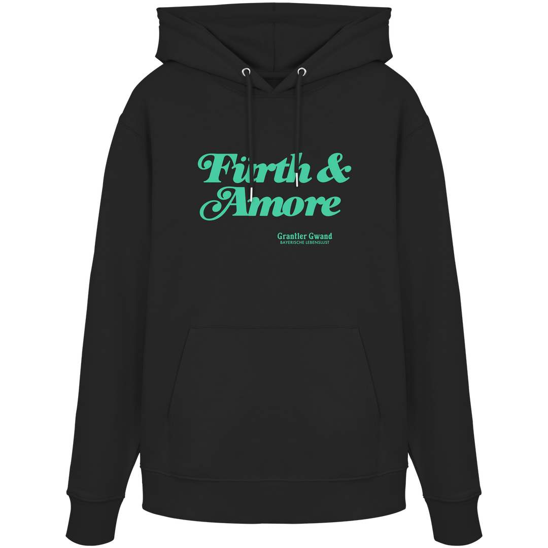 Schwarzer Unisex Hoodie mit grünem „Fürth &amp; Amore“-Frontprint – bayerische Streetwear von Grantler Gwand im modernen, minimalistischen Look.