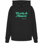 Schwarzer Unisex Hoodie mit grünem „Fürth & Amore“-Frontprint – bayerische Streetwear von Grantler Gwand im modernen, minimalistischen Look.