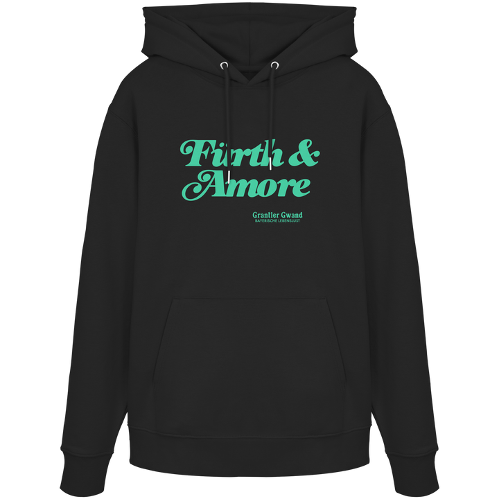 Schwarzer Unisex Hoodie mit grünem „Fürth &amp; Amore“-Frontprint – bayerische Streetwear von Grantler Gwand im modernen, minimalistischen Look.