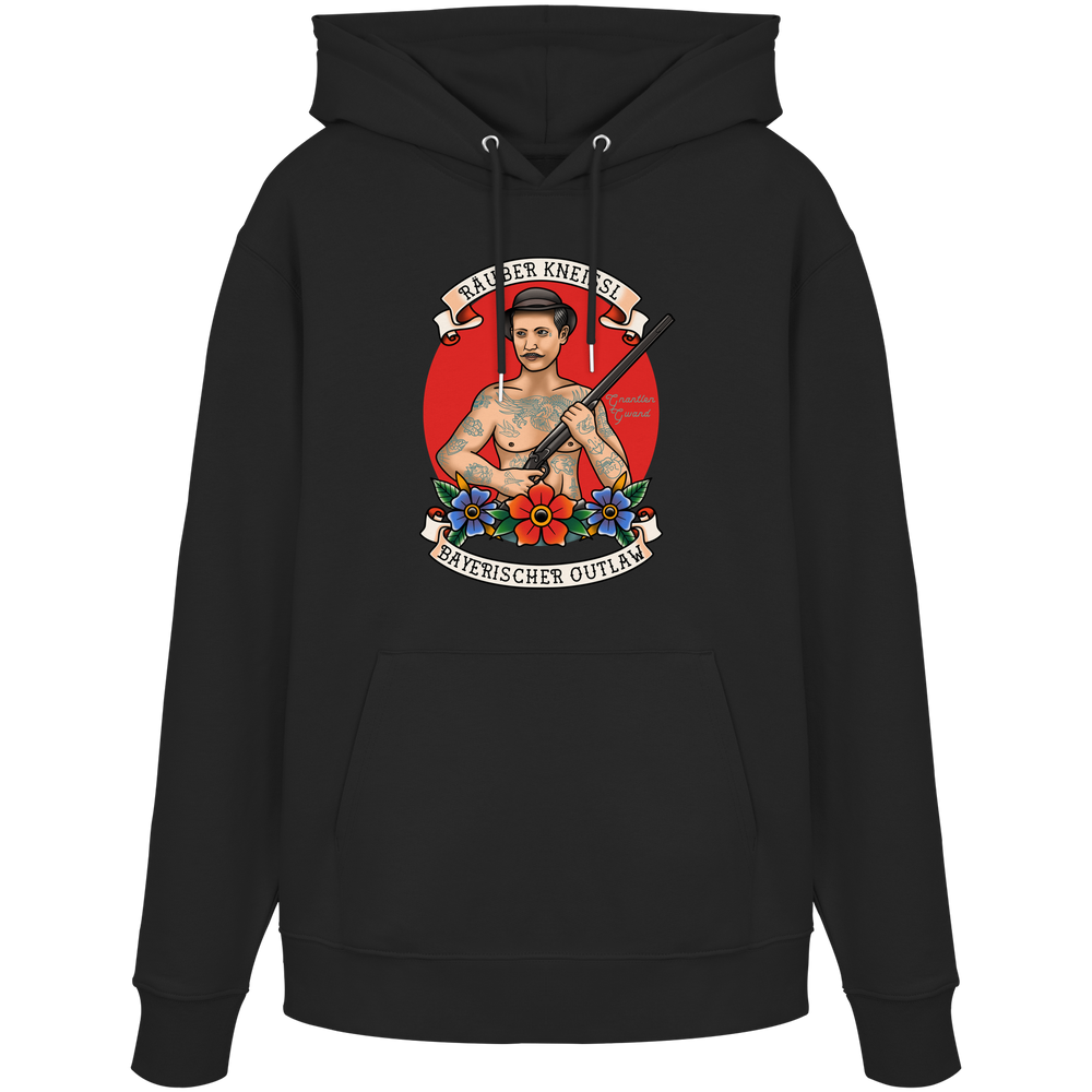 Schwarzer Räuber Kneissl Unisex Hoodie mit markantem Frontprint im Tattoo-Style. Unisex Kapuzenpullover aus Baumwollmischung mit bayerischem Motiv. Streetwear Hoodie, designed und bedruckt in Bayern von Grantler Gwand.