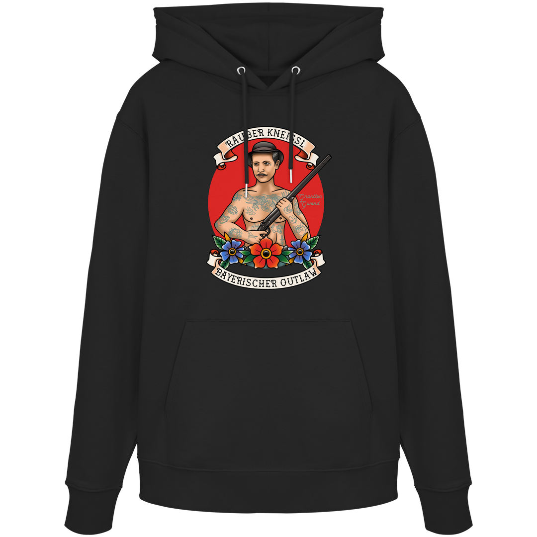 Schwarzer Räuber Kneissl Unisex Hoodie mit markantem Frontprint im Tattoo-Style. Unisex Kapuzenpullover aus Baumwollmischung mit bayerischem Motiv. Streetwear Hoodie, designed und bedruckt in Bayern von Grantler Gwand.