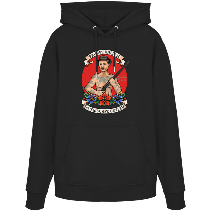 Schwarzer Räuber Kneissl Unisex Hoodie mit markantem Frontprint im Tattoo-Style. Unisex Kapuzenpullover aus Baumwollmischung mit bayerischem Motiv. Streetwear Hoodie, designed und bedruckt in Bayern von Grantler Gwand.