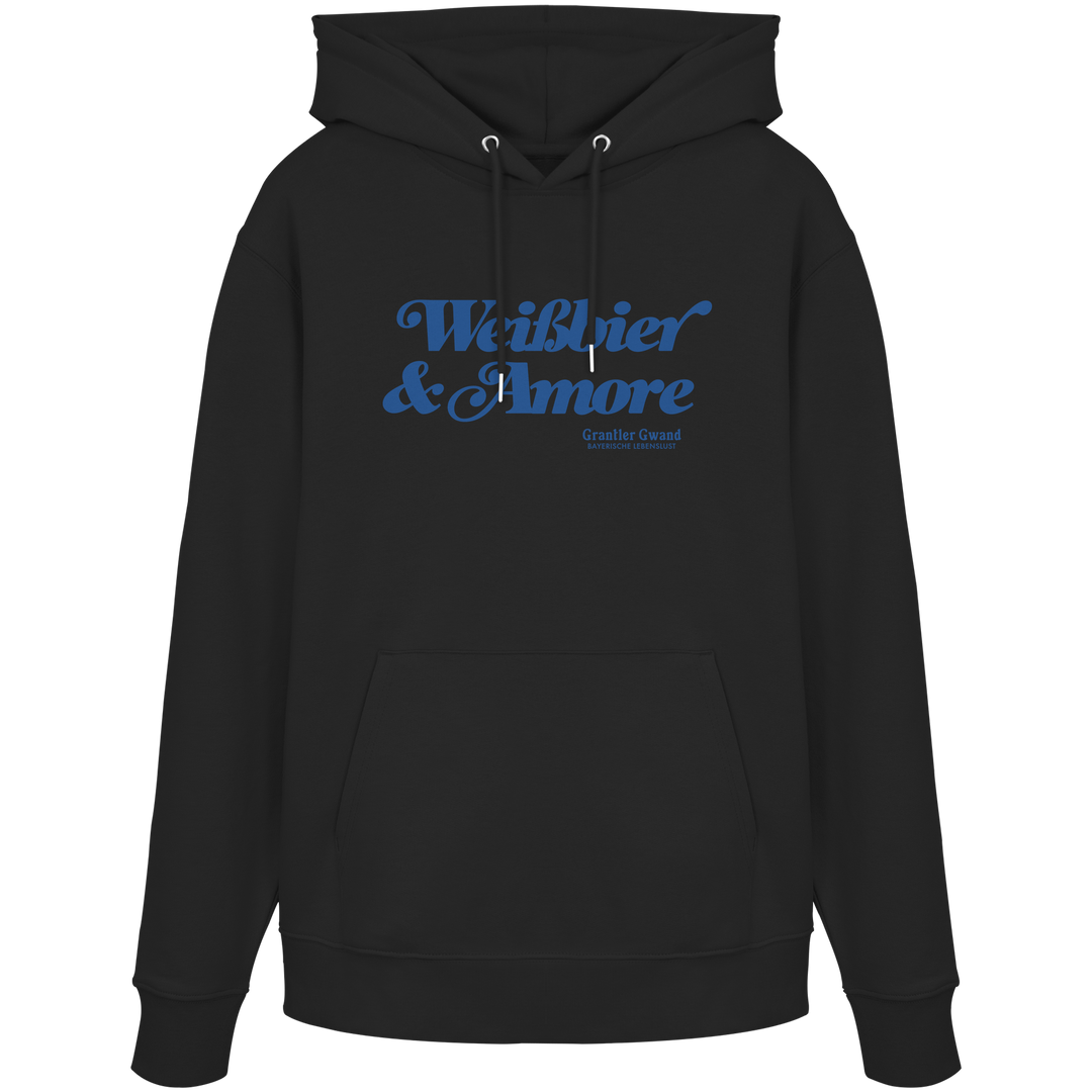 Schwarzer Unisex-Hoodie mit blauem Frontprint „Weißbier &amp; Amore“. Moderner Hoodie mit bayerischem Statement für Biergarten, Volksfest und Alltag. Hochwertige Qualität, designed und bedruckt in Bayern von Grantler Gwand.