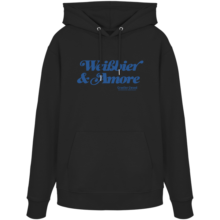 Schwarzer Unisex-Hoodie mit blauem Frontprint „Weißbier &amp; Amore“. Moderner Hoodie mit bayerischem Statement für Biergarten, Volksfest und Alltag. Hochwertige Qualität, designed und bedruckt in Bayern von Grantler Gwand.