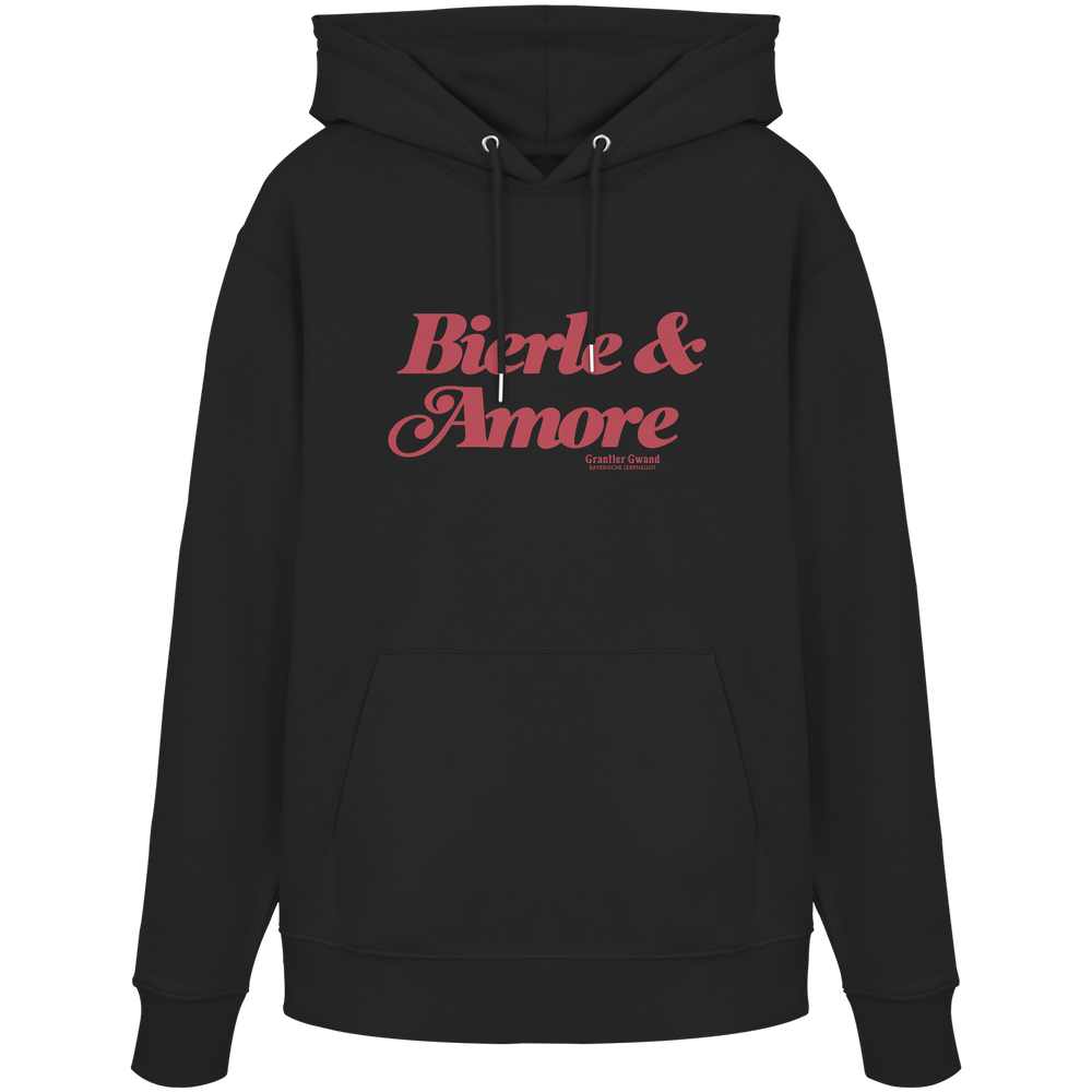Schwarzer Unisex Hoodie mit rotem „Bierle & Amore“-Frontprint – bayerische Streetwear von Grantler Gwand im modernen, minimalistischen Look.