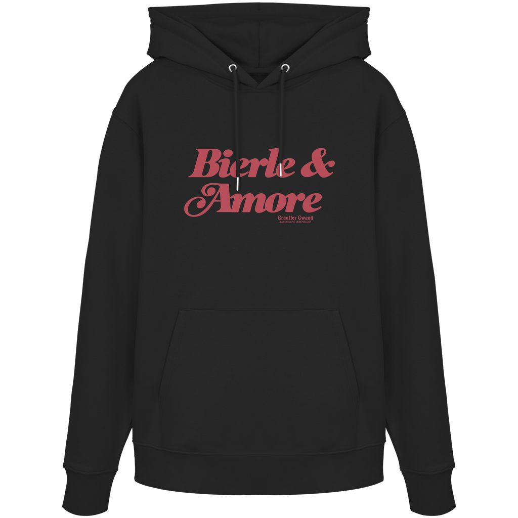 Schwarzer Unisex Hoodie mit rotem „Bierle & Amore“-Frontprint – bayerische Streetwear von Grantler Gwand im modernen, minimalistischen Look.