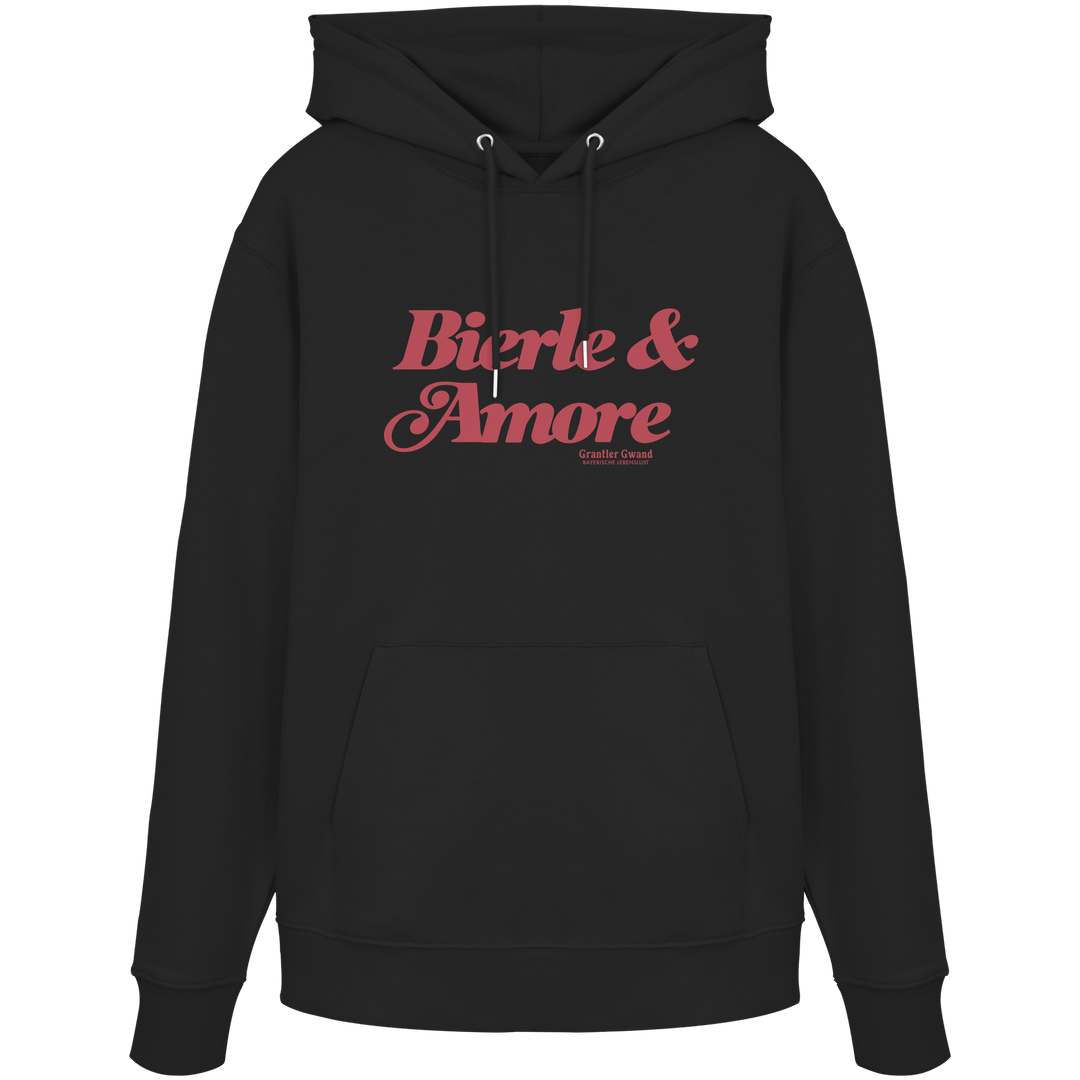 Schwarzer Unisex Hoodie mit rotem „Bierle &amp; Amore“-Frontprint – bayerische Streetwear von Grantler Gwand im modernen, minimalistischen Look.