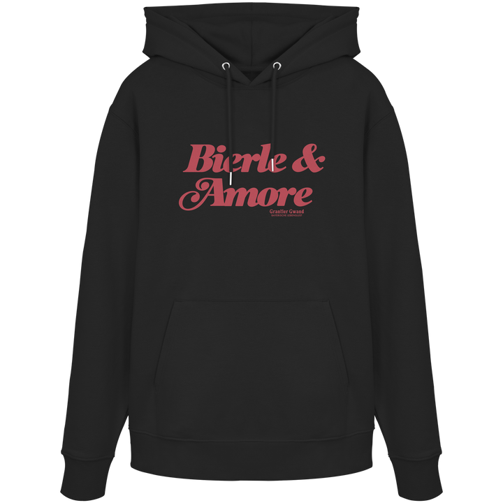 Schwarzer Unisex Hoodie mit rotem „Bierle &amp; Amore“-Frontprint – bayerische Streetwear von Grantler Gwand im modernen, minimalistischen Look.