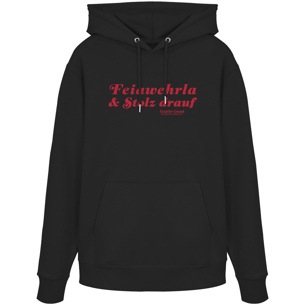 Schwarzer Unisex-Hoodie mit rotem Frontprint „Feiawehrla & Stolz drauf“. Minimalistisches bayerisches Streetwear-Design für Feuerwehrfans. Hochwertiger Premium-Hoodie für Damen und Herren, designed und bedruckt in Bayern von Grantler Gwand.