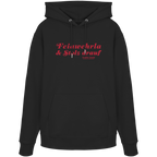 Schwarzer Unisex-Hoodie mit rotem Frontprint „Feiawehrla & Stolz drauf“. Minimalistisches bayerisches Streetwear-Design für Feuerwehrfans. Hochwertiger Premium-Hoodie für Damen und Herren, designed und bedruckt in Bayern von Grantler Gwand.