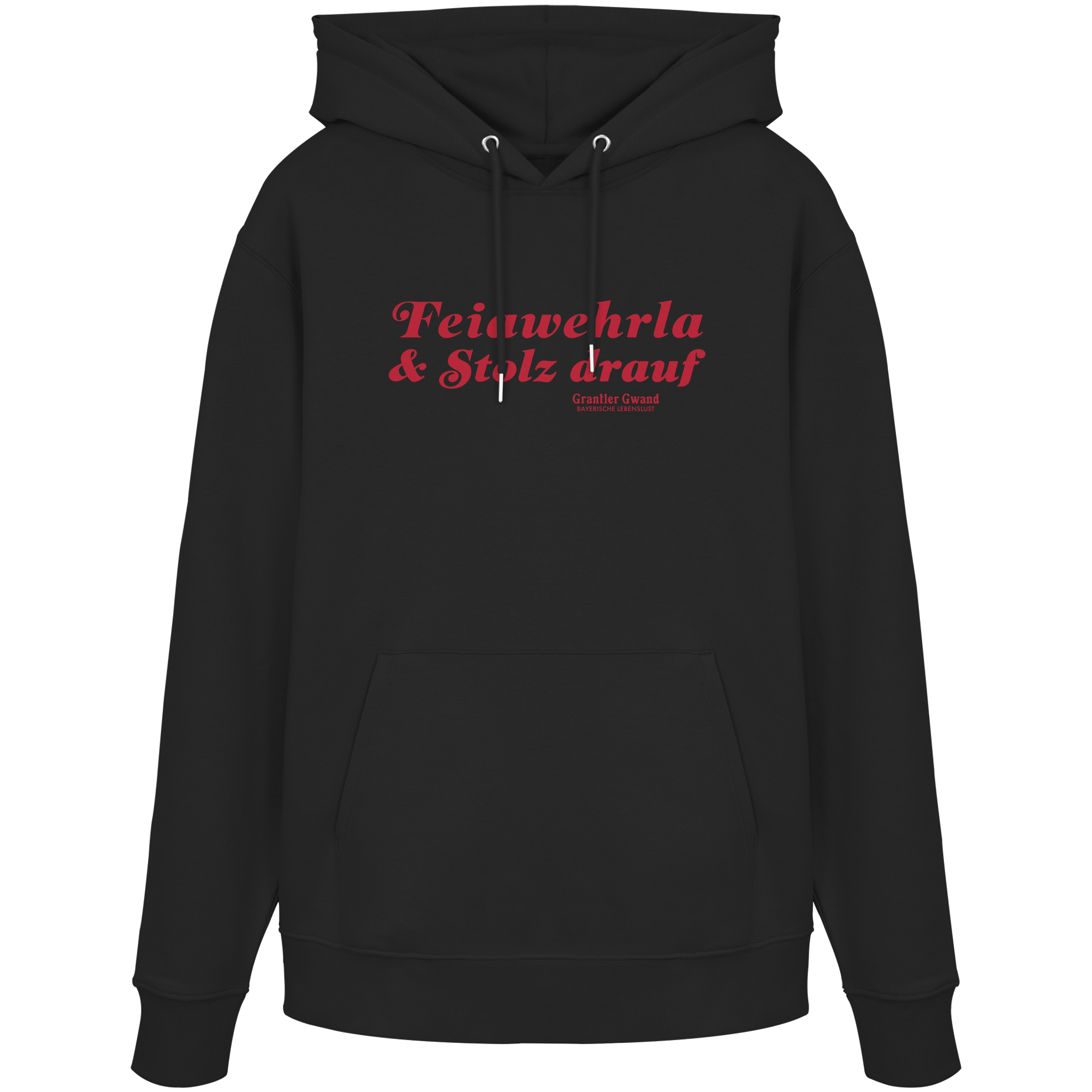 Schwarzer Unisex-Hoodie mit rotem Frontprint „Feiawehrla & Stolz drauf“. Minimalistisches bayerisches Streetwear-Design für Feuerwehrfans. Hochwertiger Premium-Hoodie für Damen und Herren, designed und bedruckt in Bayern von Grantler Gwand.