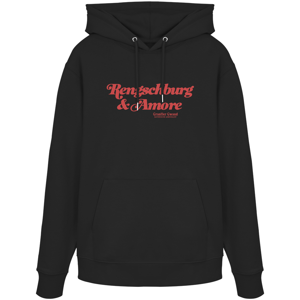 Schwarzer Unisex Hoodie von Grantler Gwand mit rotem Frontprint „Regensburg & Amore“ im Retro-Schriftzug – bayerischer Streetwear Hoodie für Regensburg, Donau und Alltag.