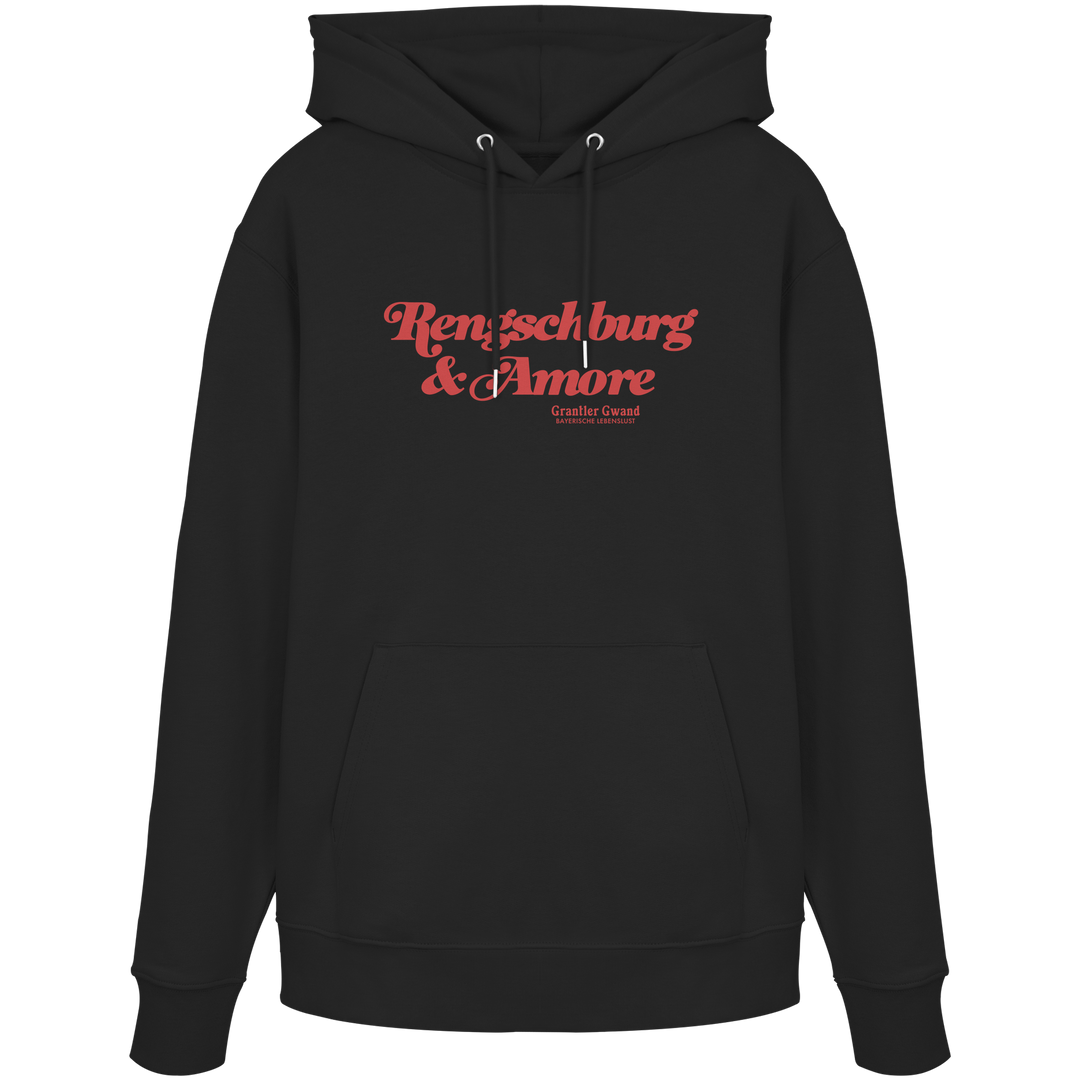 Schwarzer Unisex Hoodie von Grantler Gwand mit rotem Frontprint „Regensburg &amp; Amore“ im Retro-Schriftzug – bayerischer Streetwear Hoodie für Regensburg, Donau und Alltag.