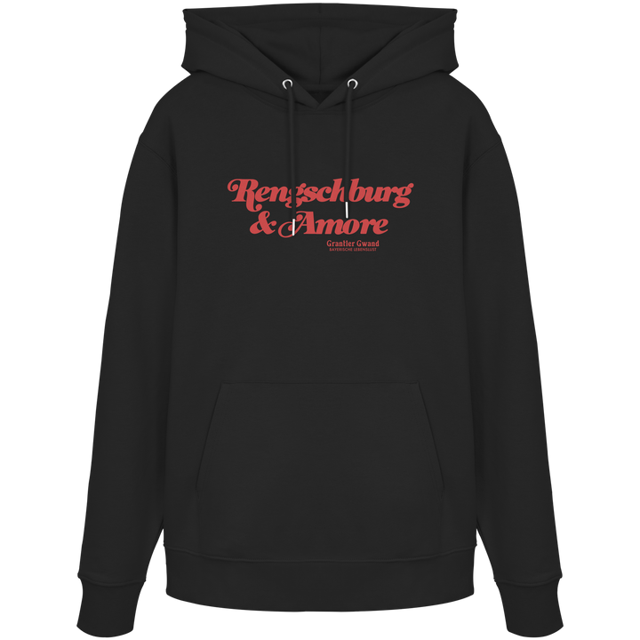 Schwarzer Unisex Hoodie von Grantler Gwand mit rotem Frontprint „Regensburg &amp; Amore“ im Retro-Schriftzug – bayerischer Streetwear Hoodie für Regensburg, Donau und Alltag.