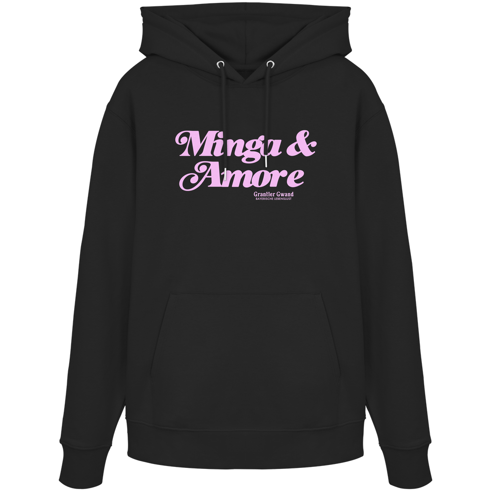 Schwarzer Unisex Hoodie mit rosa Frontprint „Minga & Amore“ im Retro-Schriftzug – moderner Bayern Hoodie mit italienischem Flair von Grantler Gwand.