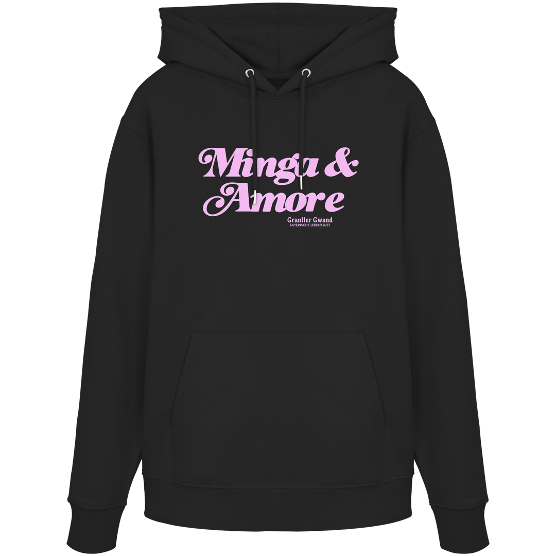 Schwarzer Unisex Hoodie mit rosa Frontprint „Minga &amp; Amore“ im Retro-Schriftzug – moderner Bayern Hoodie mit italienischem Flair von Grantler Gwand.