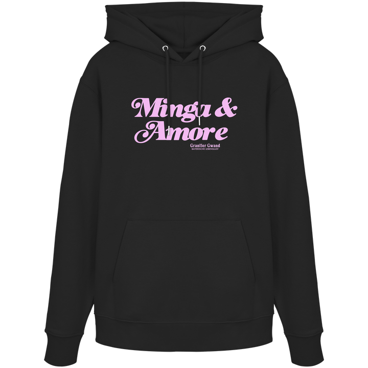 Schwarzer Unisex Hoodie mit rosa Frontprint „Minga &amp; Amore“ im Retro-Schriftzug – moderner Bayern Hoodie mit italienischem Flair von Grantler Gwand.