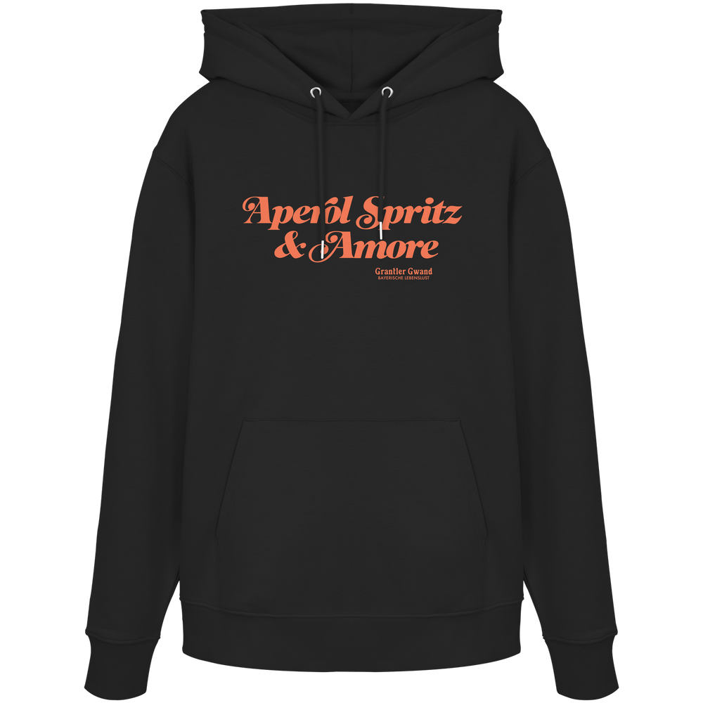 Schwarzer Hoodie mit orangefarbenem Schriftzug "Aperol Spritz & Amore" im minimalistischen Streetwear-Design von Grantler Gwand.