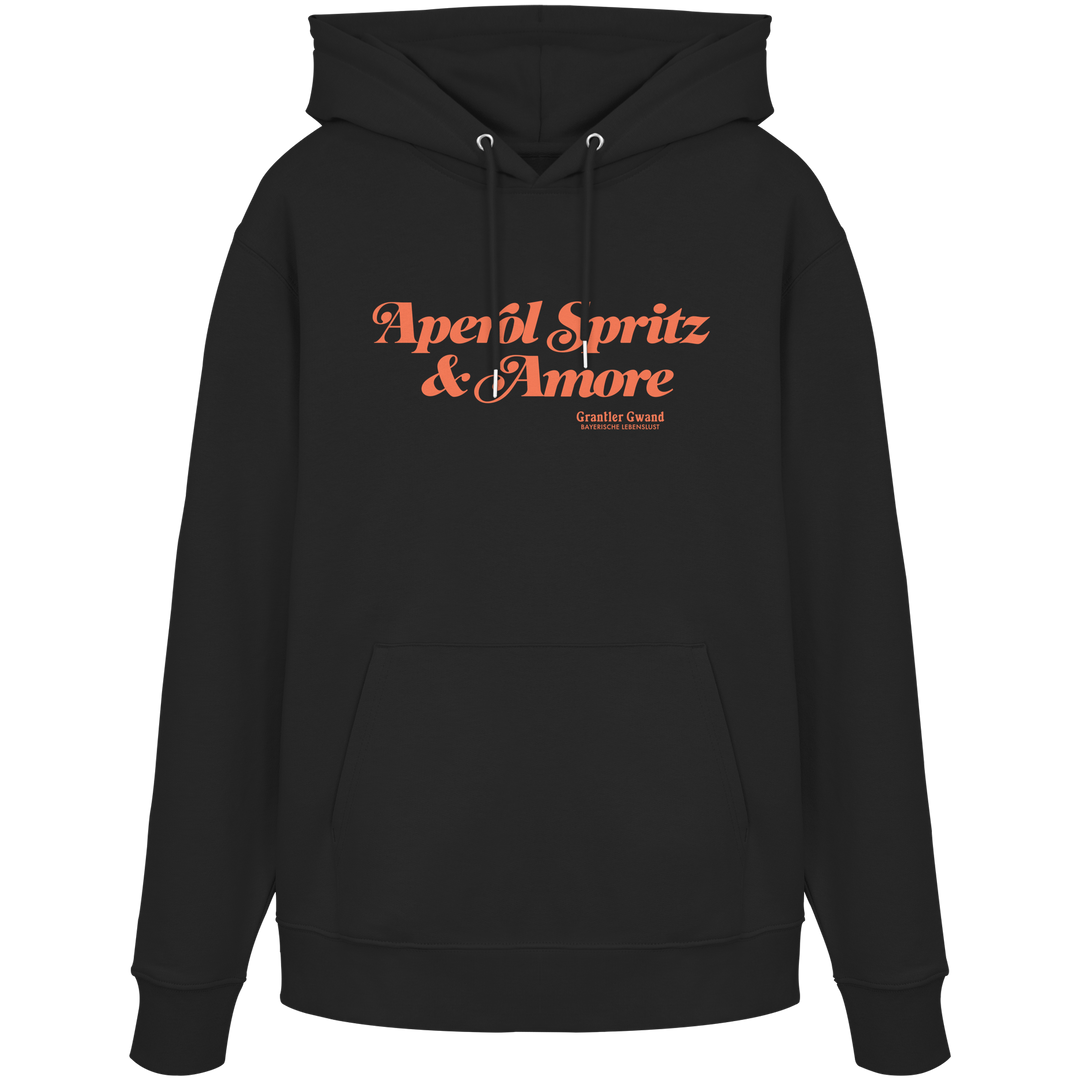 Schwarzer Hoodie mit orangefarbenem Schriftzug "Aperol Spritz &amp; Amore" im minimalistischen Streetwear-Design von Grantler Gwand.