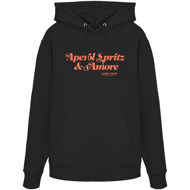 Schwarzer Hoodie mit orangefarbenem Schriftzug "Aperol Spritz &amp; Amore" im minimalistischen Streetwear-Design von Grantler Gwand.
