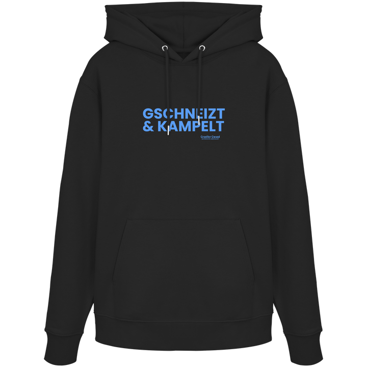 Schwarzer Unisex-Hoodie mit blauem Frontprint „Gschneizt &amp; Kampelt“. Moderner bayerischer Hoodie mit Dialekt-Motiv für Volksfest, Biergarten und Alltag. Hochwertig verarbeitet, designed und bedruckt in Bayern von Grantler Gwand.