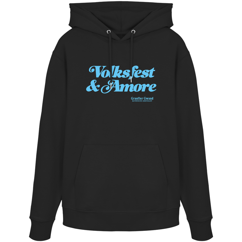 Schwarzer Unisex-Hoodie mit blauem Frontprint „Volksfest & Amore“. Modernes bayerisches Streetwear-Design für Volksfest, Biergarten und Freizeit. Hochwertiger Premium-Hoodie für Damen und Herren, designed und bedruckt in Bayern von Grantler Gwand.