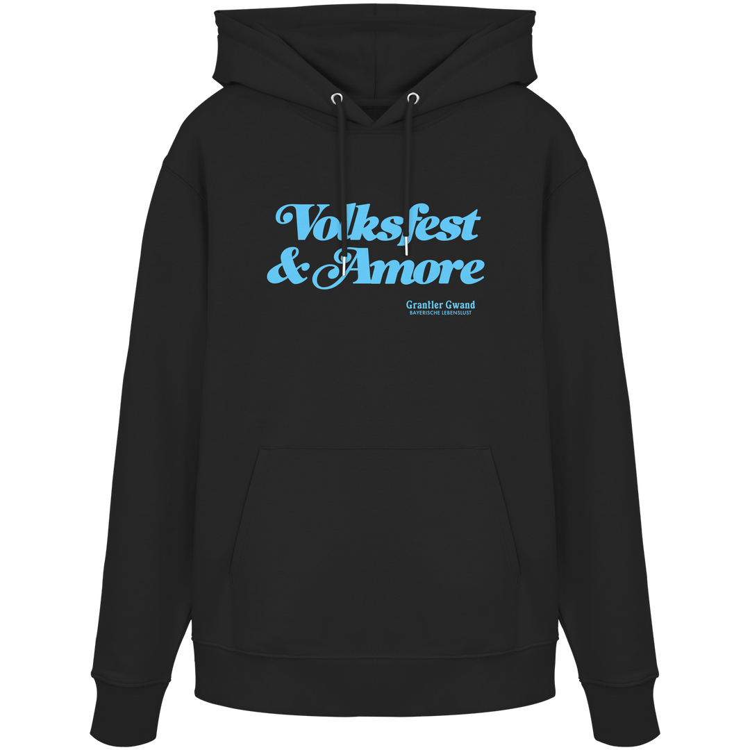 Schwarzer Unisex-Hoodie mit blauem Frontprint „Volksfest &amp; Amore“. Modernes bayerisches Streetwear-Design für Volksfest, Biergarten und Freizeit. Hochwertiger Premium-Hoodie für Damen und Herren, designed und bedruckt in Bayern von Grantler Gwand.