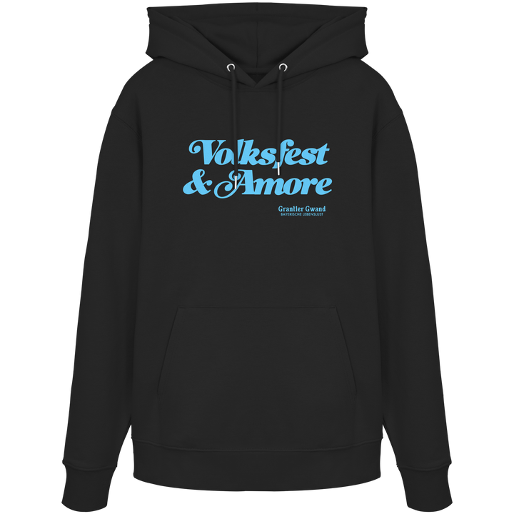 Schwarzer Unisex-Hoodie mit blauem Frontprint „Volksfest &amp; Amore“. Modernes bayerisches Streetwear-Design für Volksfest, Biergarten und Freizeit. Hochwertiger Premium-Hoodie für Damen und Herren, designed und bedruckt in Bayern von Grantler Gwand.
