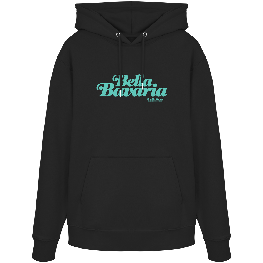 Schwarzer Unisex Hoodie mit grünem „Bella Bavaria“-Frontprint – bayerische Streetwear von Grantler Gwand im modernen, minimalistischen Design.