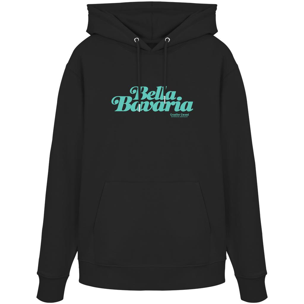 Schwarzer Unisex Hoodie mit grünem „Bella Bavaria“-Frontprint – bayerische Streetwear von Grantler Gwand im modernen, minimalistischen Design.