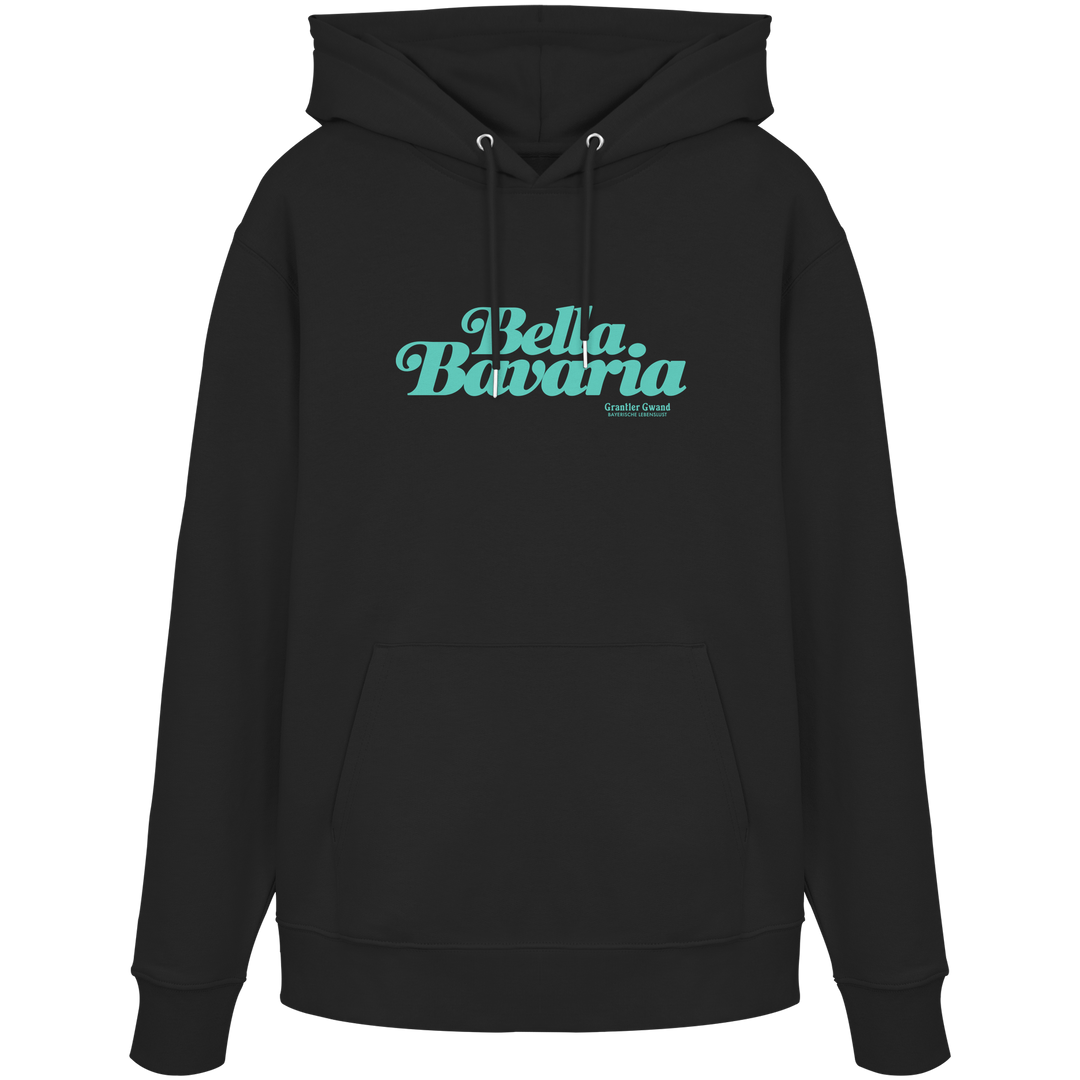 Schwarzer Unisex Hoodie mit grünem „Bella Bavaria“-Frontprint – bayerische Streetwear von Grantler Gwand im modernen, minimalistischen Design.