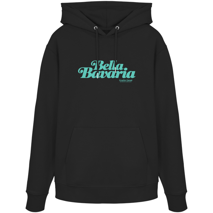 Schwarzer Unisex Hoodie mit grünem „Bella Bavaria“-Frontprint – bayerische Streetwear von Grantler Gwand im modernen, minimalistischen Design.
