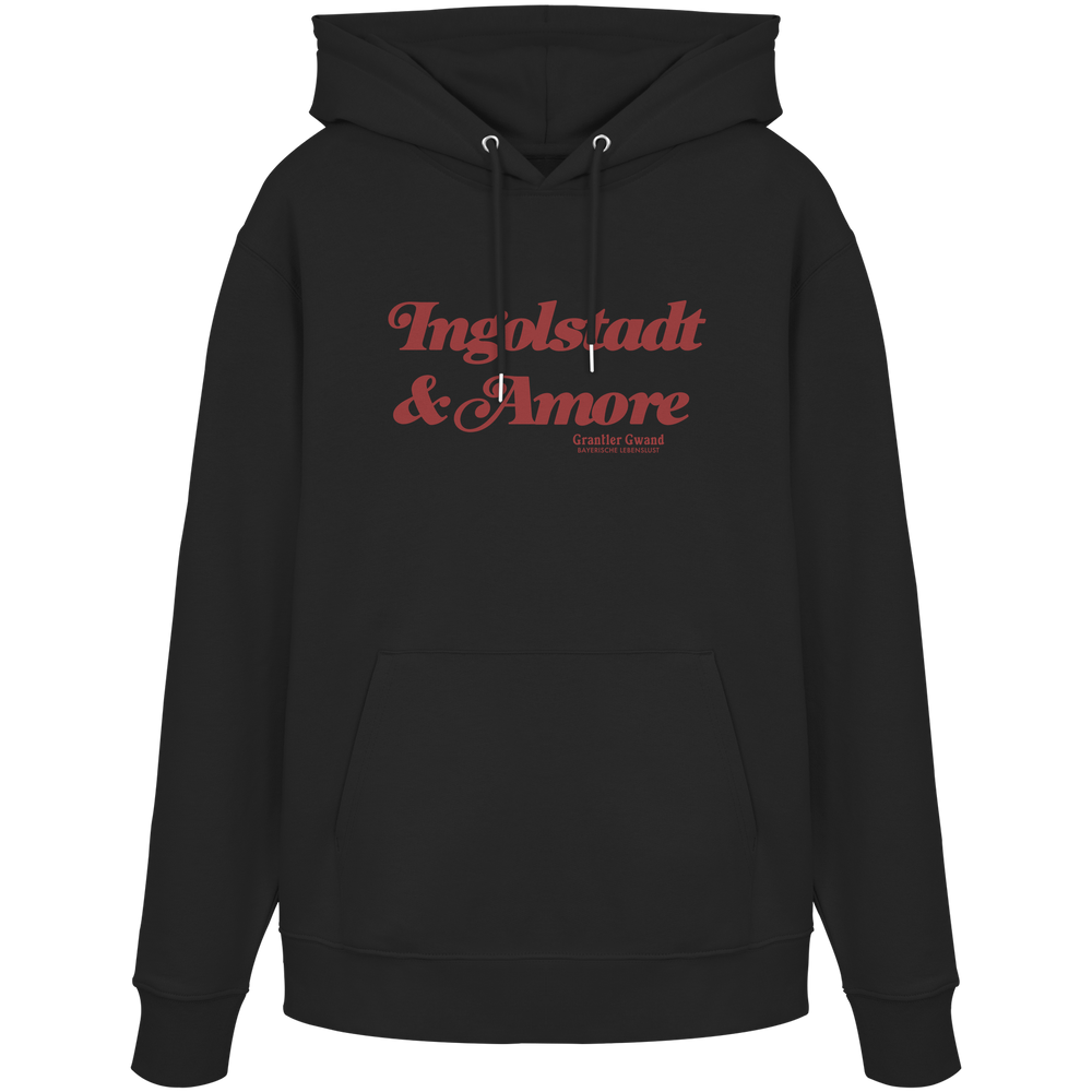 Schwarzer Unisex Hoodie mit rotem „Ingolstadt & Amore“-Frontprint – bayerische Streetwear von Grantler Gwand im modernen, minimalistischen Look.