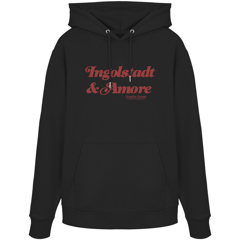 Schwarzer Unisex Hoodie mit rotem „Ingolstadt & Amore“-Frontprint – bayerische Streetwear von Grantler Gwand im modernen, minimalistischen Look.