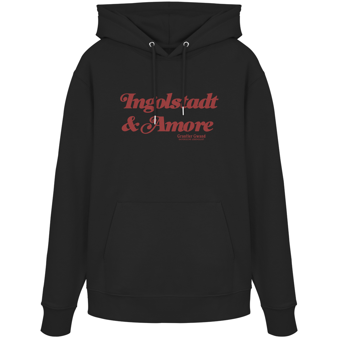 Schwarzer Unisex Hoodie mit rotem „Ingolstadt &amp; Amore“-Frontprint – bayerische Streetwear von Grantler Gwand im modernen, minimalistischen Look.