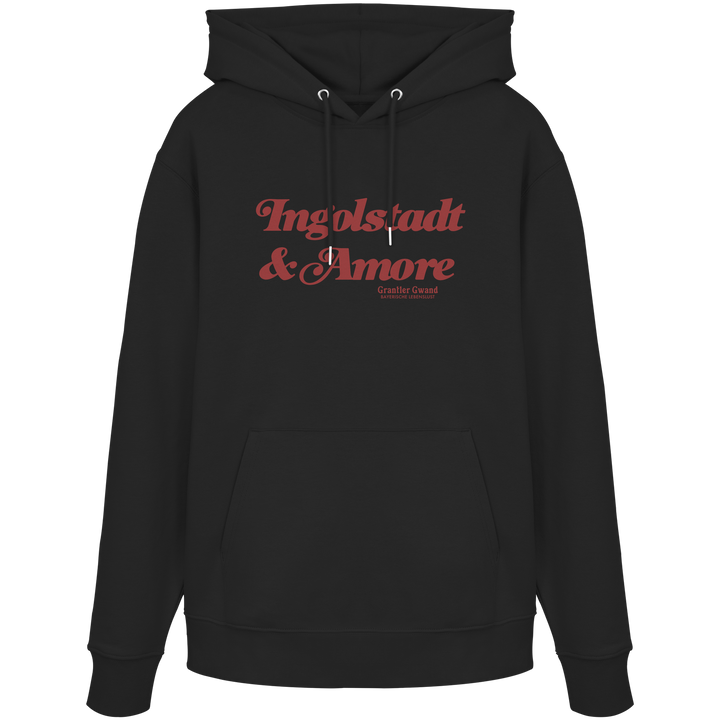 Schwarzer Unisex Hoodie mit rotem „Ingolstadt &amp; Amore“-Frontprint – bayerische Streetwear von Grantler Gwand im modernen, minimalistischen Look.