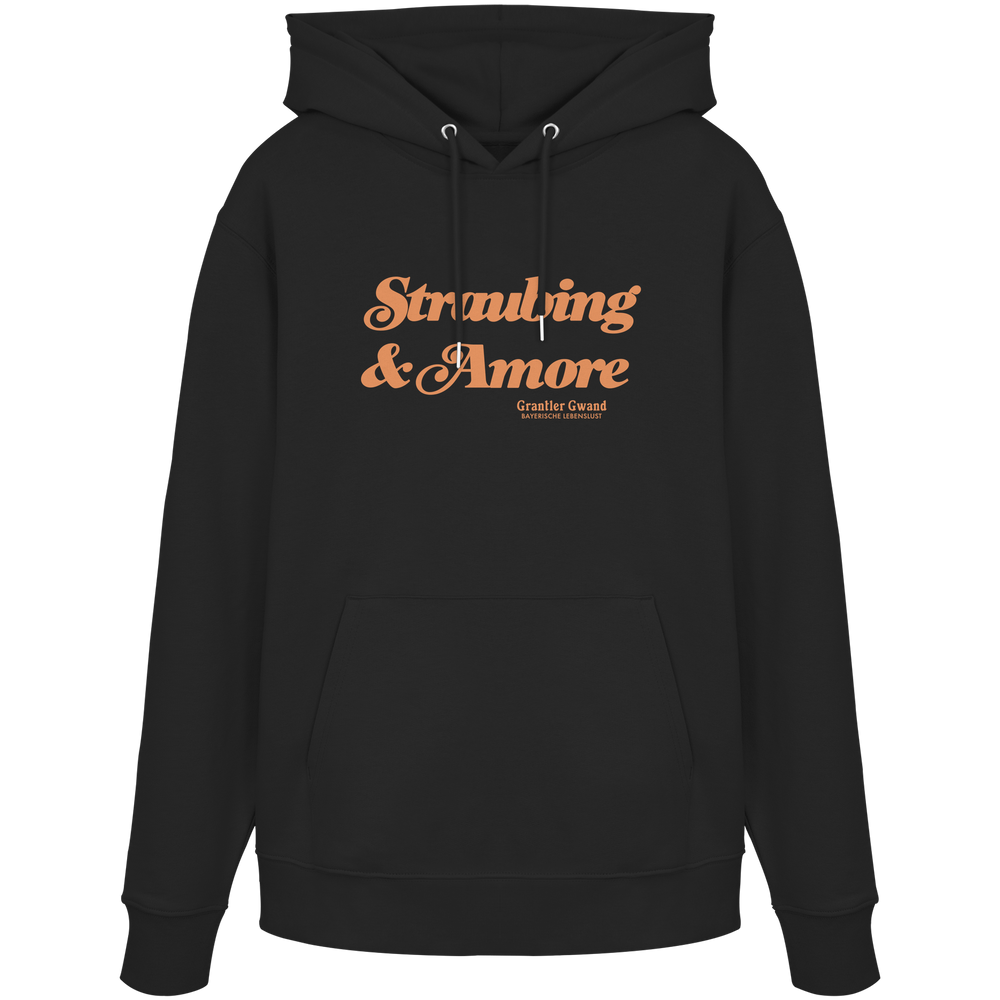 Schwarzer  Unisex Hoodie mit orangefarbenem „Straubing & Amore“-Frontprint – bayerische Streetwear von Grantler Gwand im modernen, minimalistischen Look.