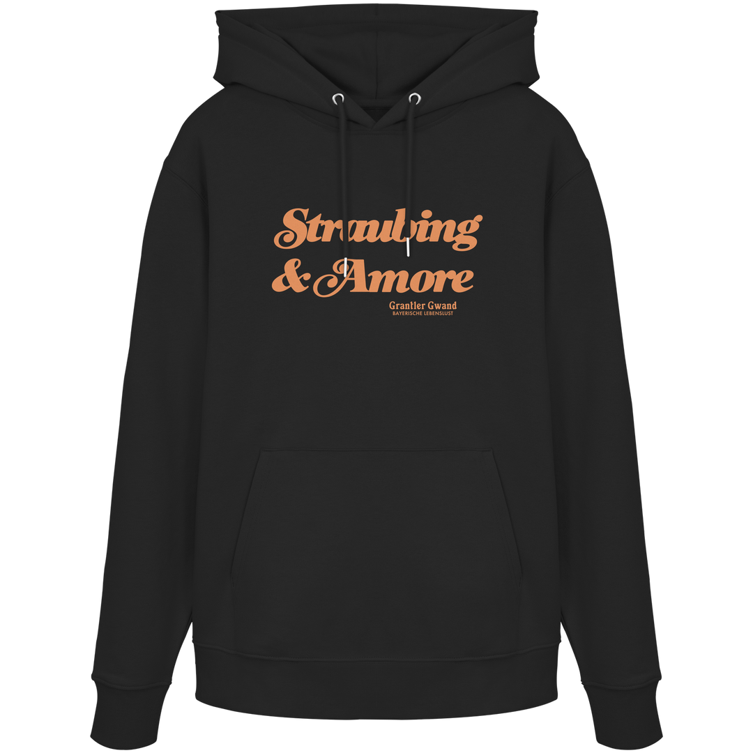 Schwarzer  Unisex Hoodie mit orangefarbenem „Straubing &amp; Amore“-Frontprint – bayerische Streetwear von Grantler Gwand im modernen, minimalistischen Look.