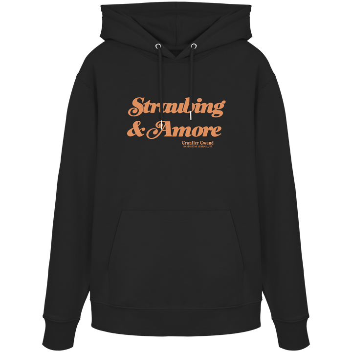 Schwarzer  Unisex Hoodie mit orangefarbenem „Straubing &amp; Amore“-Frontprint – bayerische Streetwear von Grantler Gwand im modernen, minimalistischen Look.
