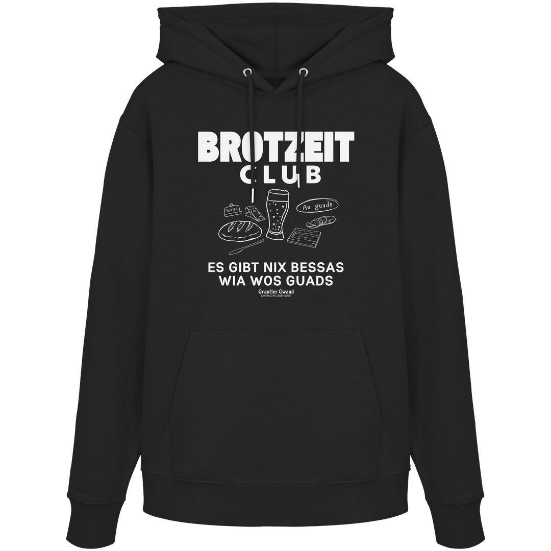 Schwarzer Unisex Hoodie von Grantler Gwand mit weißem Frontprint „Brotzeit Club“ und handgezeichneten Brotzeit-Motiven – bayerischer Streetwear Hoodie für Biergarten und Alltag.